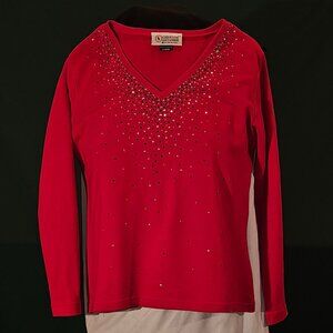 Christine Alexander Chrystal & Black Scattered on Red Long Sleeve KnitTop